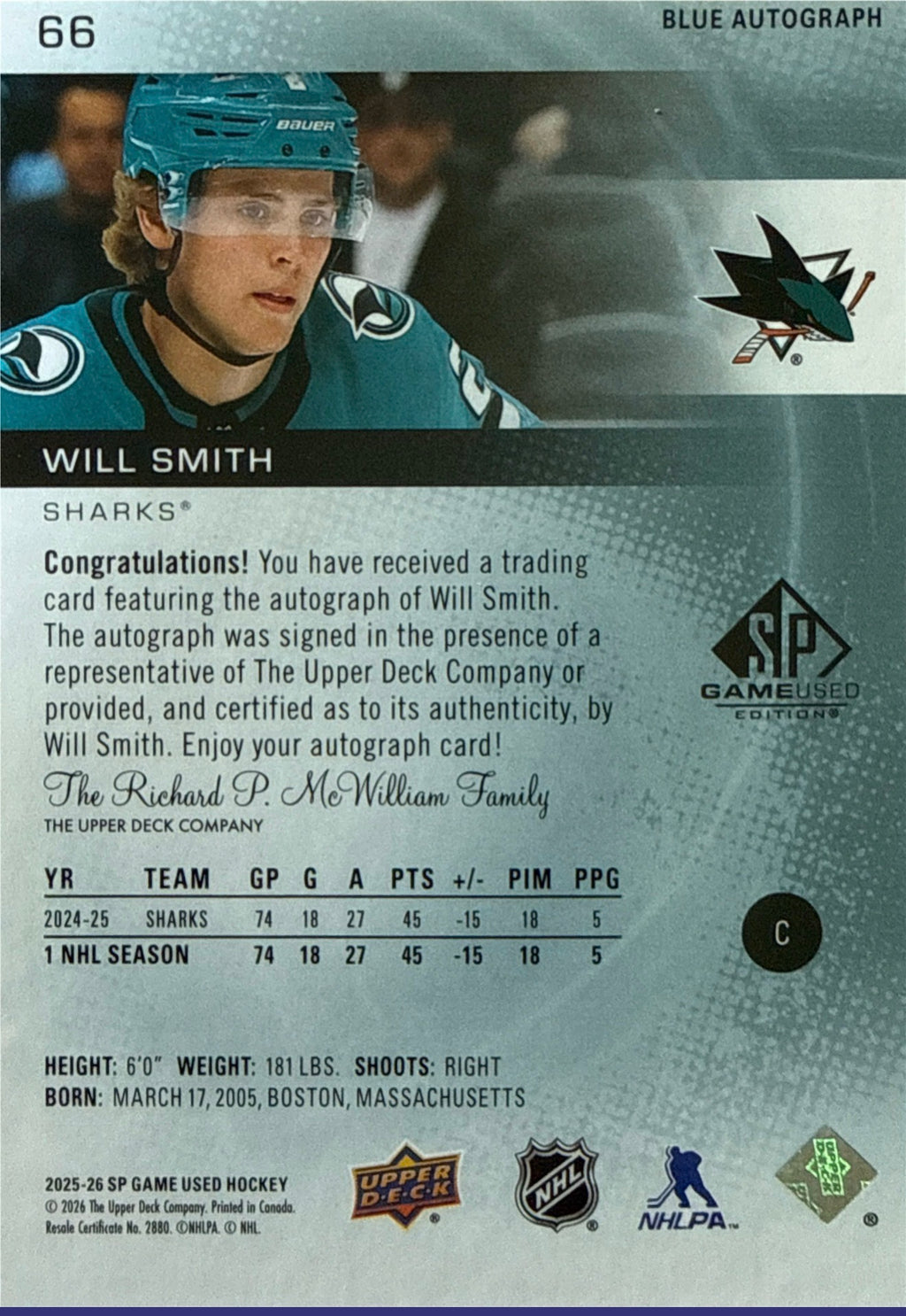 2025-26 SP Game Used Will Smith Blue Autograph #66 - Back