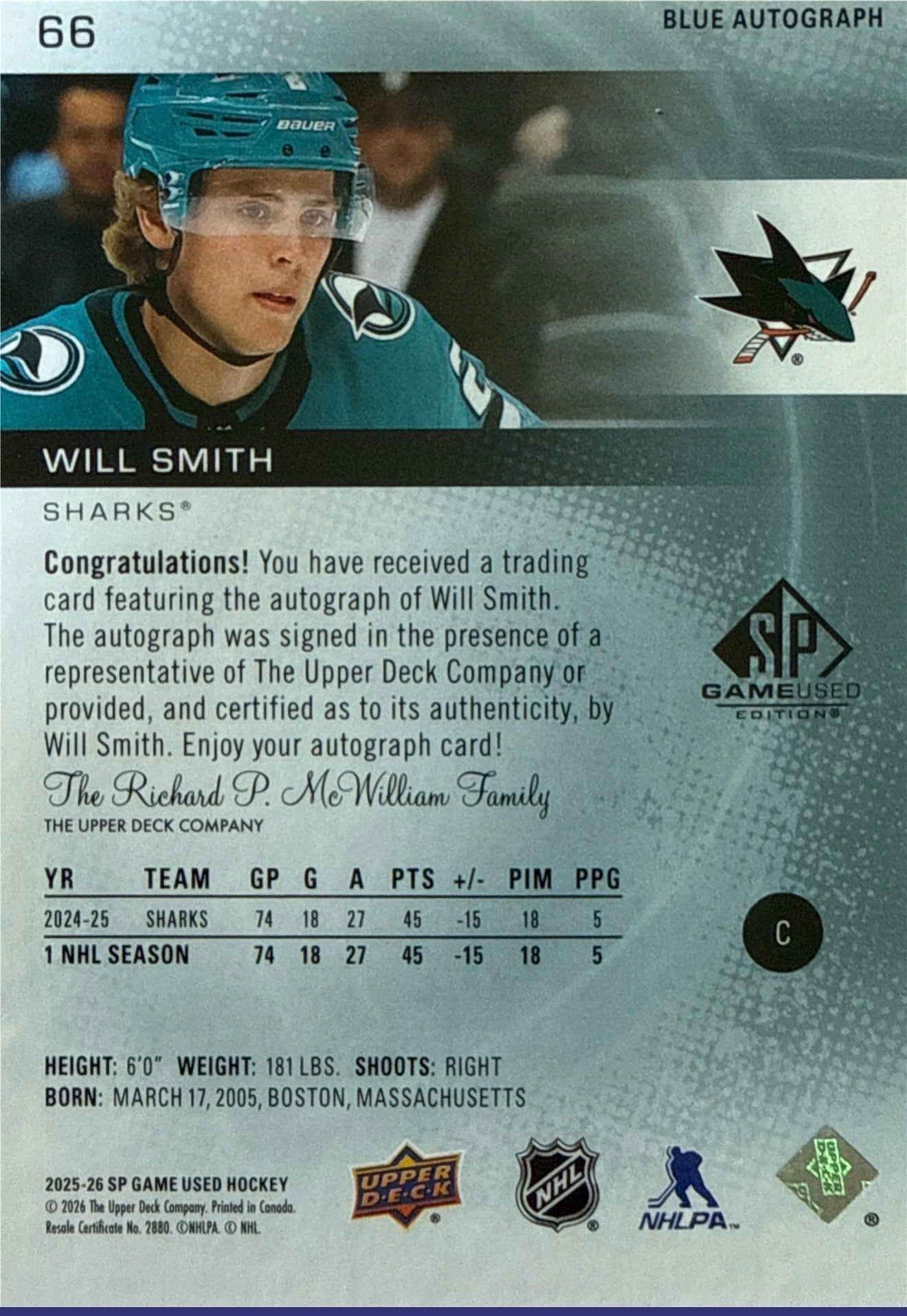 2025-26 SP Game Used Will Smith Blue Autograph #66 - Back