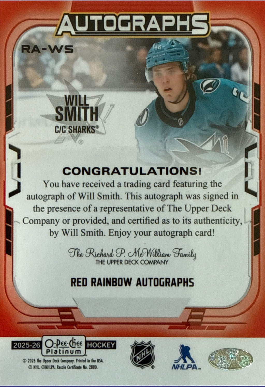 2025-26 O-Pee-Chee Platinum Will Smith Red Rainbow Auto - Back
