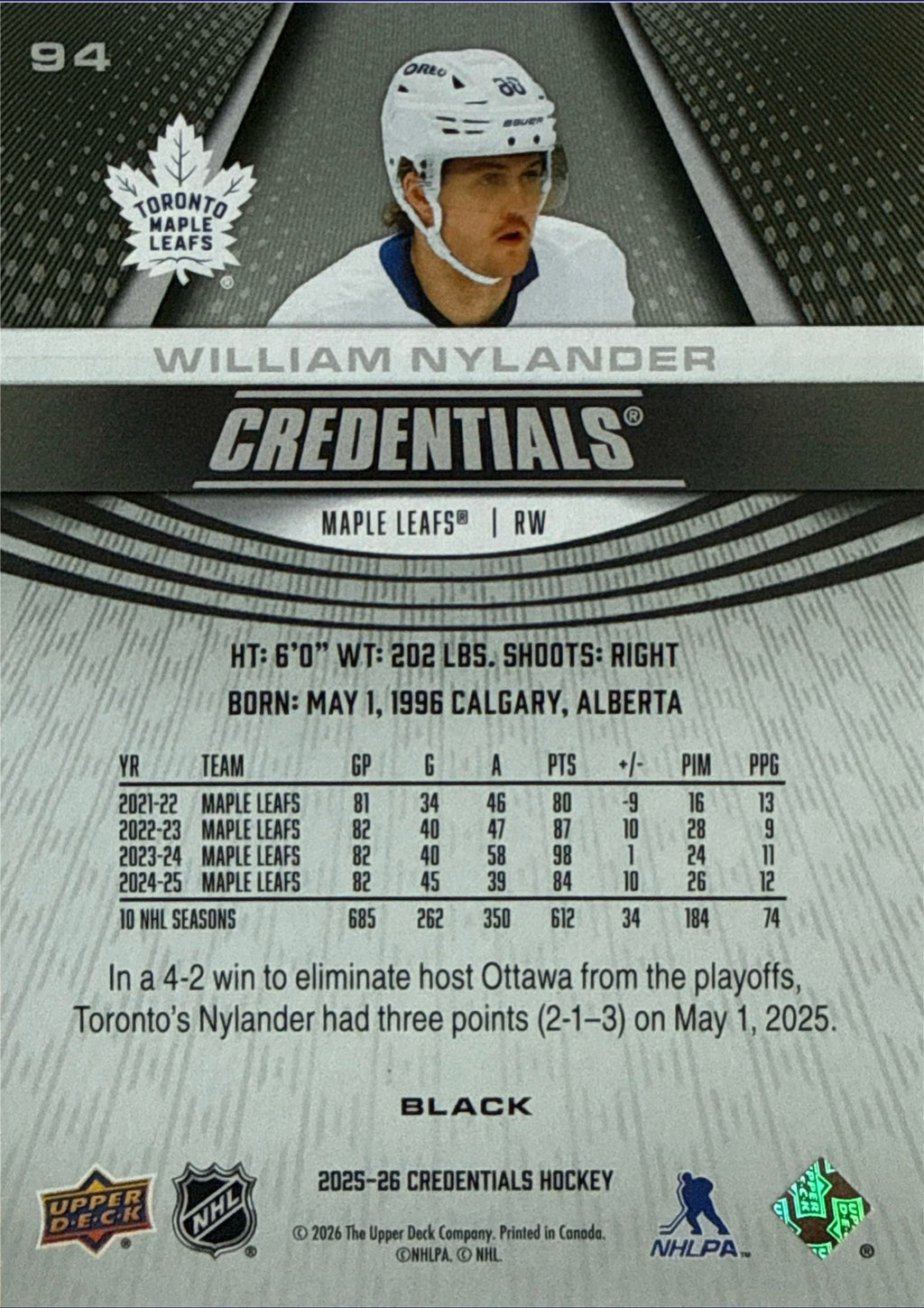2025-26 William Nylander Upper Deck Credentials Black 1/1 - Back
