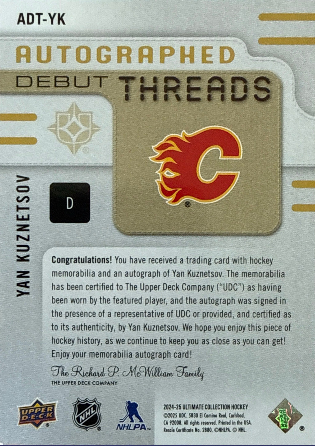 2024-25 Ultimate Collection Yan Kuznetsov Autographed Debut Threads 81/199 - Back