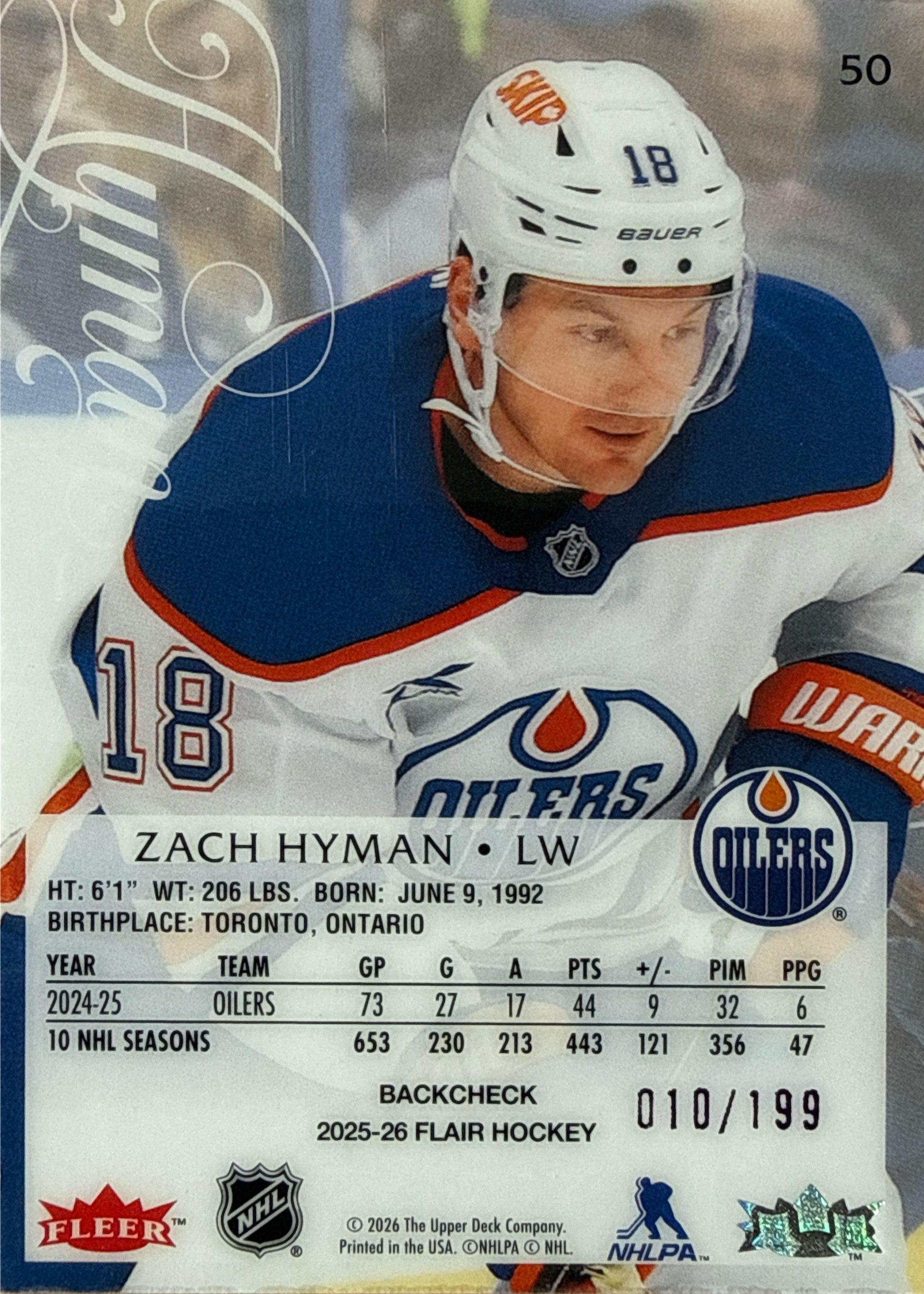 2025-26 Flair Zach Hyman Backcheck #50 010/199 - Back