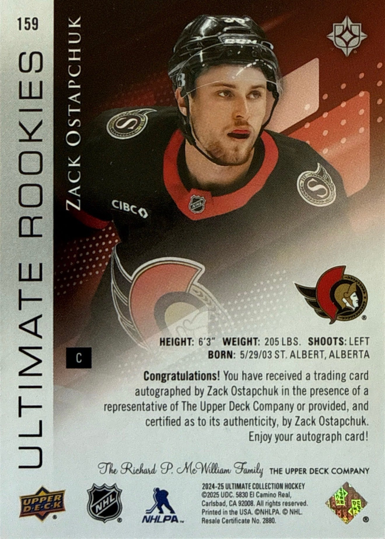 2024-25 Ultimate Collection Zack Ostapchuk Ultimate Rookies Auto 117/299 - Back