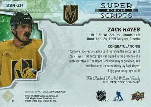 2022-23 Upper Deck SPX Zack Hayes Super Rookie Scripts Auto #SSR-ZH - Back